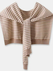 Camel breton stripe sweater with tie-front detail and acrylic knit.