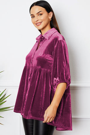 Tiered velvet button-down tunic in Deep Rose with puff sleeves and a collared neckline.