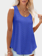 Royal blue eyelet scoop-neck trapeze tank top with a breathable, casual fit.