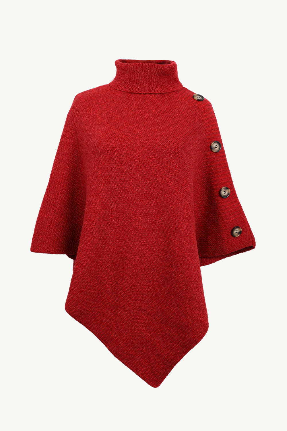 Deep Red knit turtleneck poncho with button detail on the side.