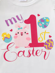 White baby bodysuit with "My 1st Easter" graphic featuring a bunny and eggs.