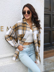 Oversized plaid shacket in Khaki with gold buttons and chest pockets.