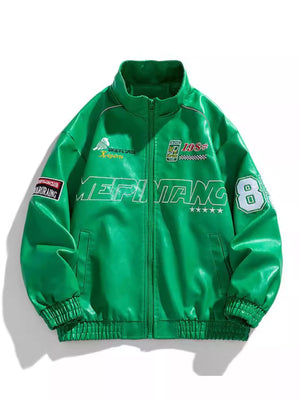 Green casual zip-up jacket with white racing-inspired graphics and patches.