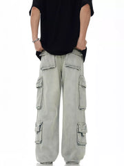 Relaxed fit light blue denim cargo trousers with multiple pockets.