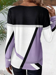 Geometric panel long sleeve maternity t-shirt in lavender, white, and black with a chevron detail.