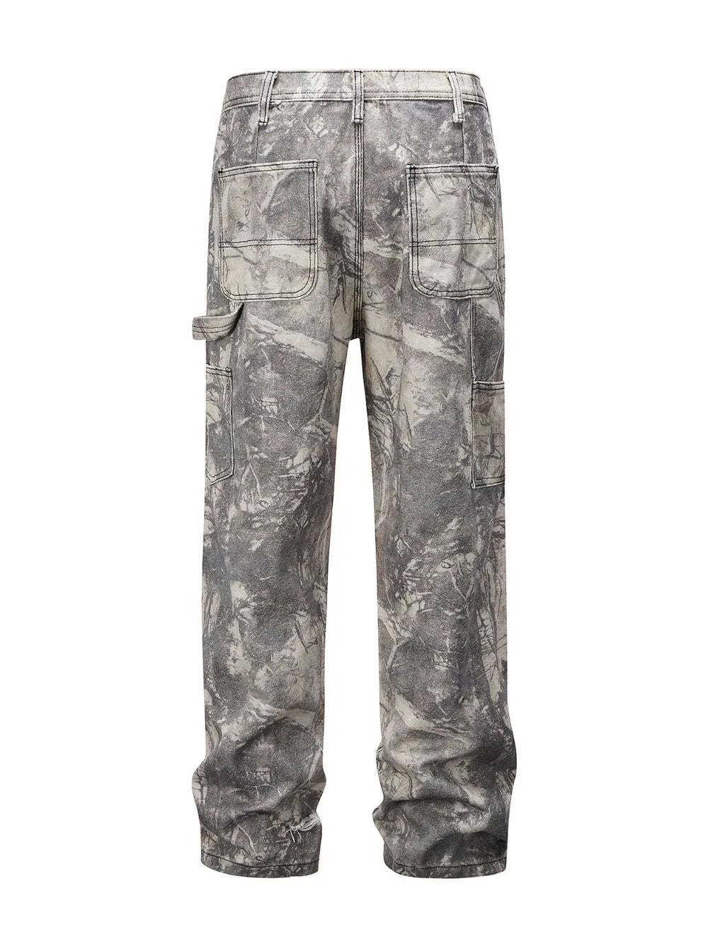 Distressed camo carpenter jeans in gray with multiple pockets and a relaxed fit.