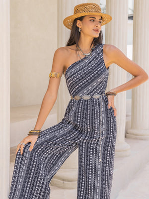 Printed asymmetric palazzo jumpsuit in black and white with a one-shoulder neckline.