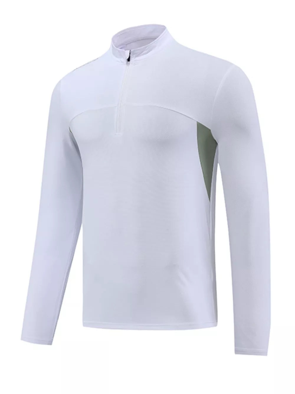 Men's white long sleeve activewear tee with quarter zip and mesh side panels.