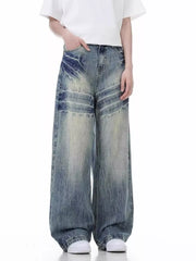 Distressed vintage wide-leg men's jeans in blue denim with faded wash and whiskering details.