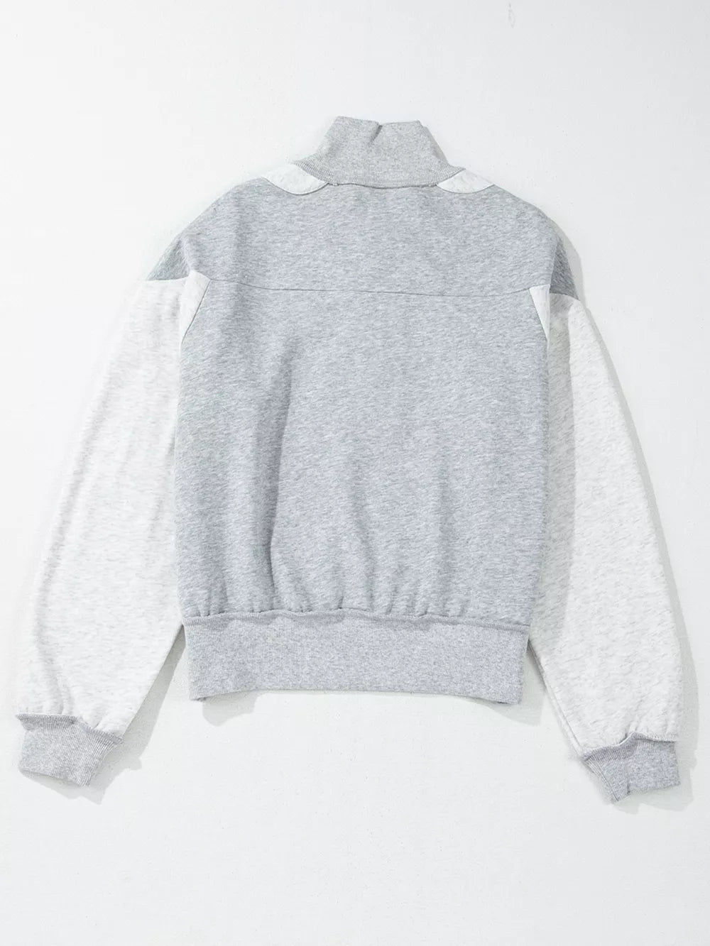 Half Zipper Collared Drop Shoulder Sweatshirt in Light Gray, close-up detail