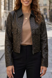 Leopard Print Cropped Faux Leather Jacket in Black, front view
