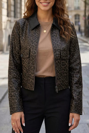 Leopard Print Cropped Faux Leather Jacket in Black, front view