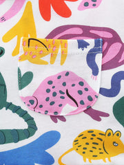 Toddler dress with playful animal print and a functional pocket.