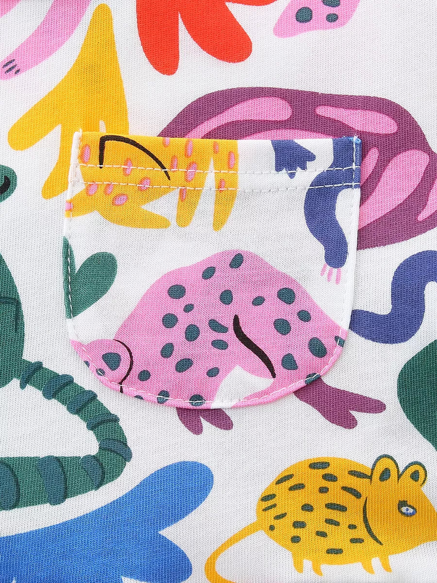 Toddler dress with playful animal print and a functional pocket.