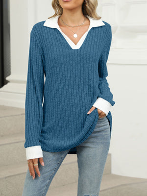Peacock blue ribbed knit long sleeve t-shirt with white collar and cuffs.