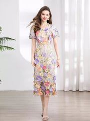Embroidered Floral Puff Sleeve Midi Dress