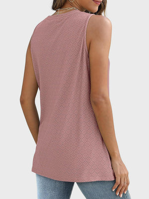 Textured sleeveless shell top in dusty pink with a diamond eyelet pattern