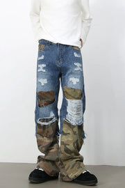 Camouflage patchwork distressed baggy jeans with ripped details
