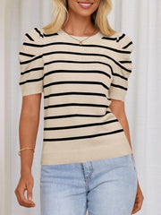 Striped knit tee in tan with black stripes, puff sleeves, and crew neck.