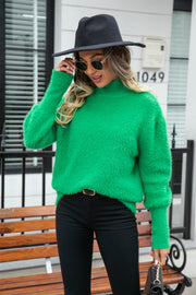 Green fluffy mock neck sweater with long sleeves
