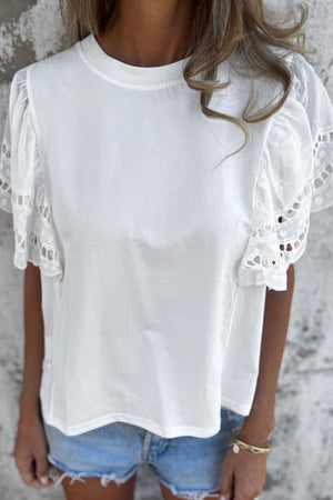 White cotton t-shirt with lace inset short sleeves and crew neck.