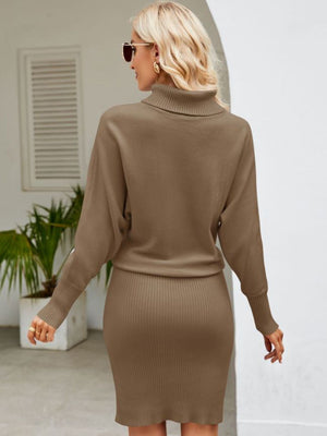 Ribbed knit midi dress in caramel with dolman sleeves and turtleneck.