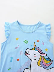 Light blue cotton unicorn print top with ruffle cap sleeves and musical notes.