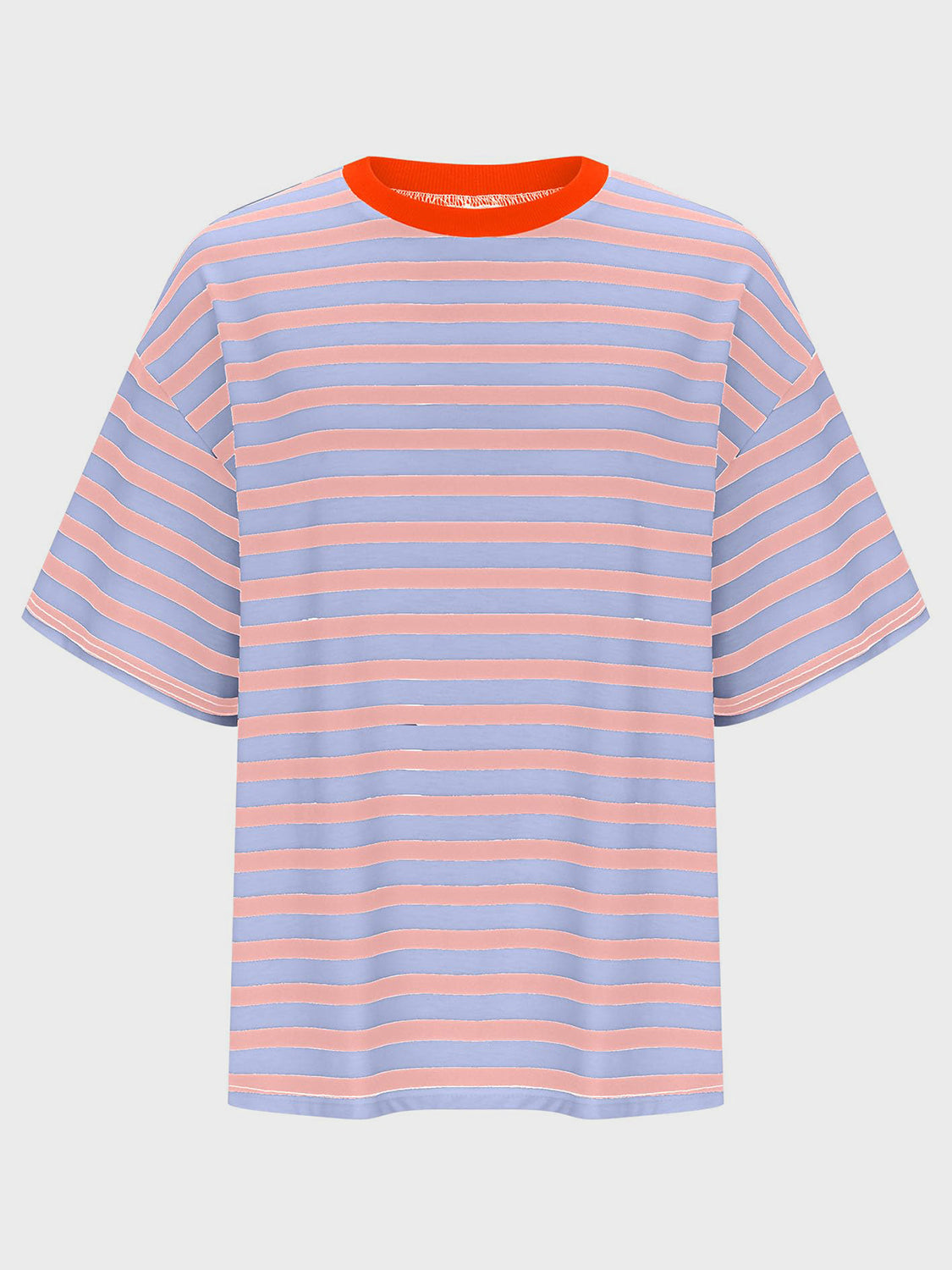 Oversized striped tee with dropped sleeves in light blue and sherbet pink stripes and orange neckline.