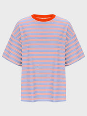 Oversized striped tee with dropped sleeves in light blue and sherbet pink stripes and orange neckline.