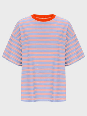 Oversized striped tee with dropped sleeves in light blue and sherbet pink stripes and orange neckline.