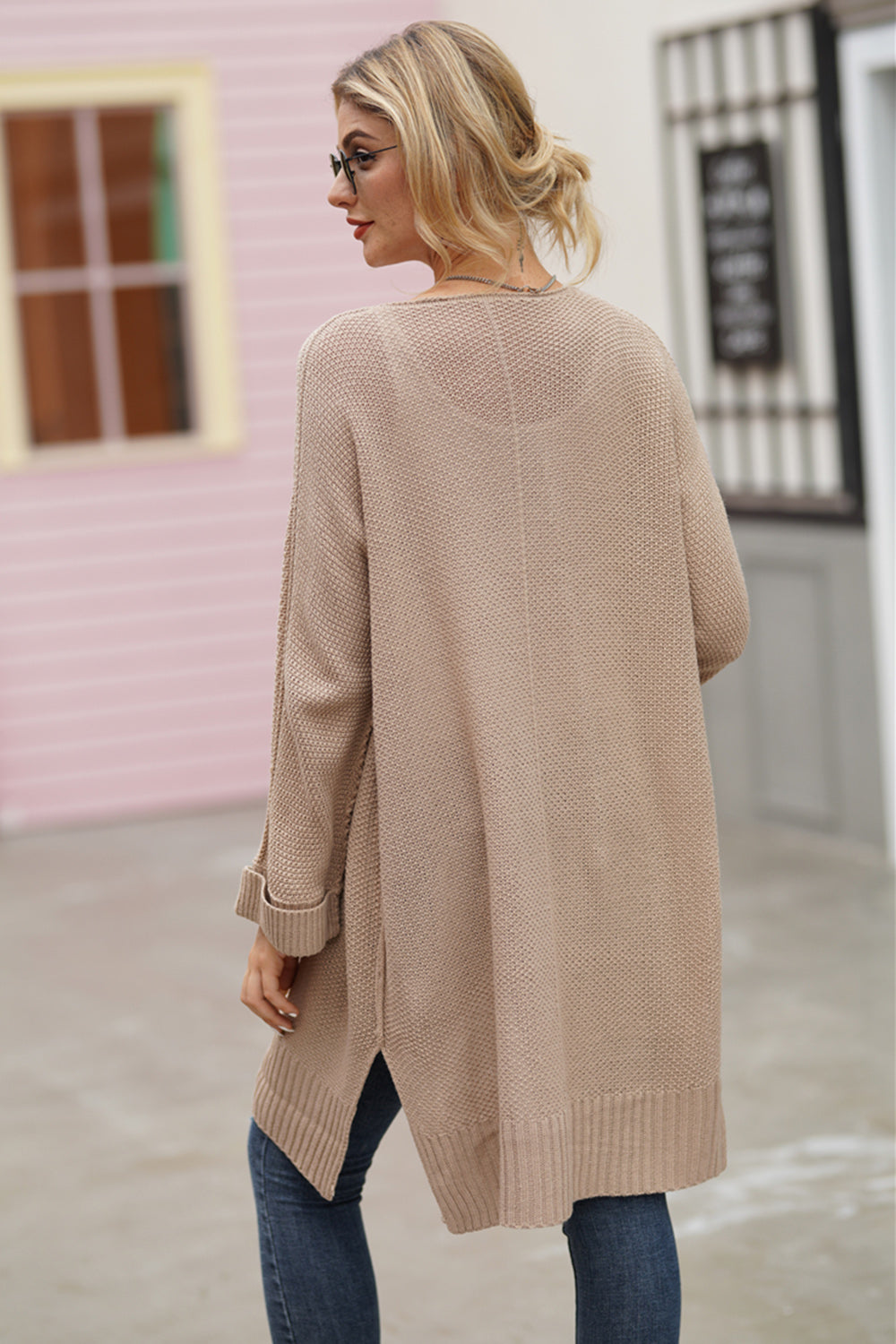 Textured open-front maxi knit cardigan in Dust Storm, acrylic, with cuffed sleeves and side slits.