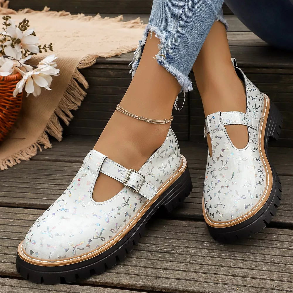 Round Toe Platform Loafers in White, model styling view