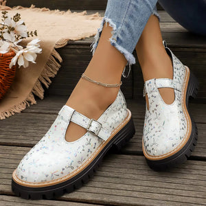 Round Toe Platform Loafers in White, model styling view