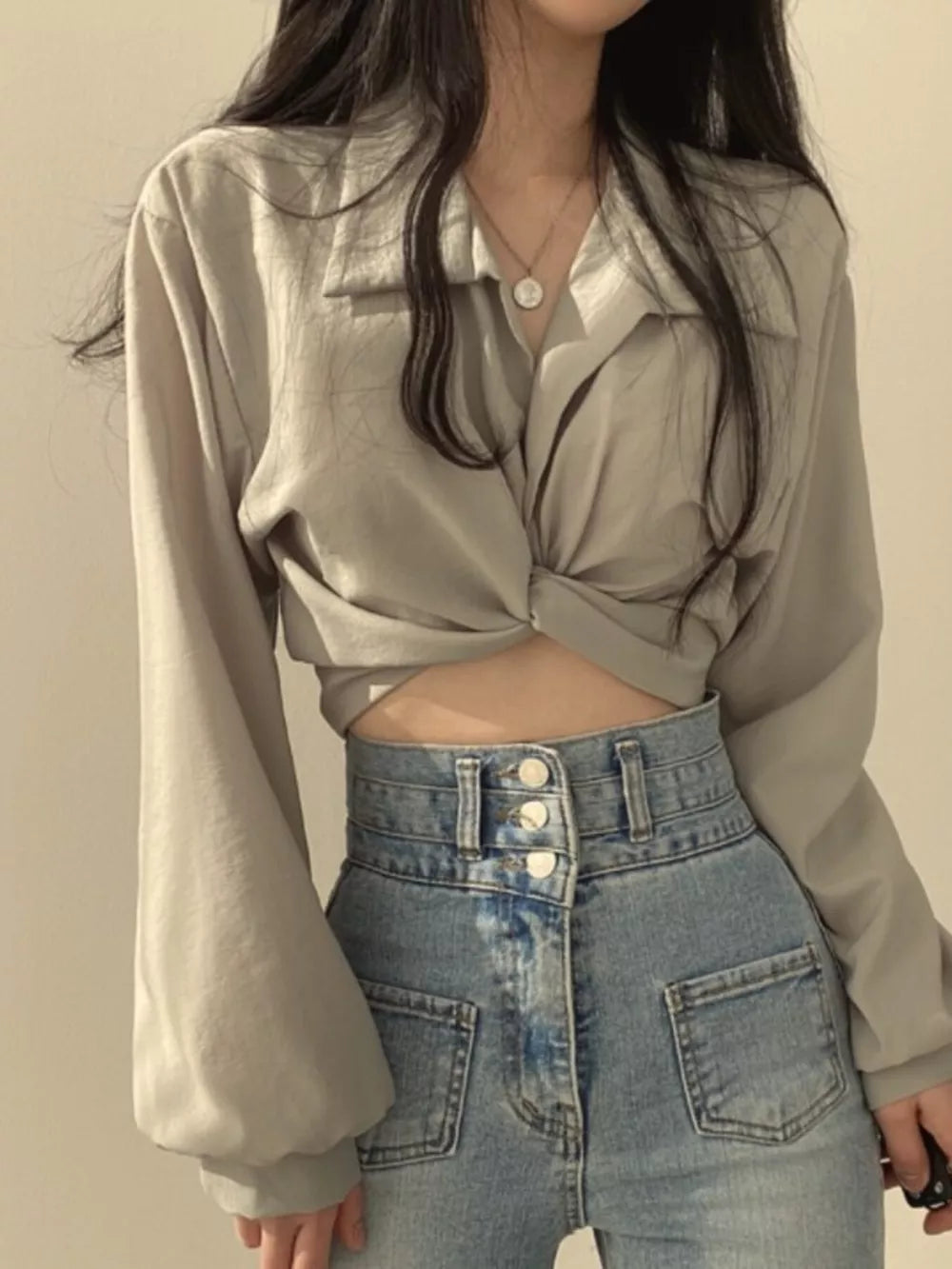 Grey polyester long sleeve shirt with knot front detail and balloon sleeves