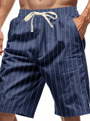 Navy striped chino shorts with drawstring waist and pockets.