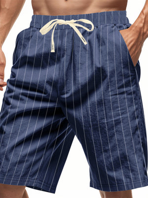 Navy striped chino shorts with drawstring waist and pockets.