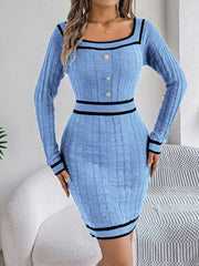Pastel blue ribbed knit bodycon dress with button front and black trim