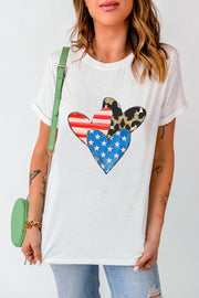 White t-shirt with a graphic of three hearts: one with American flag stripes, one with stars and stripes, and one with