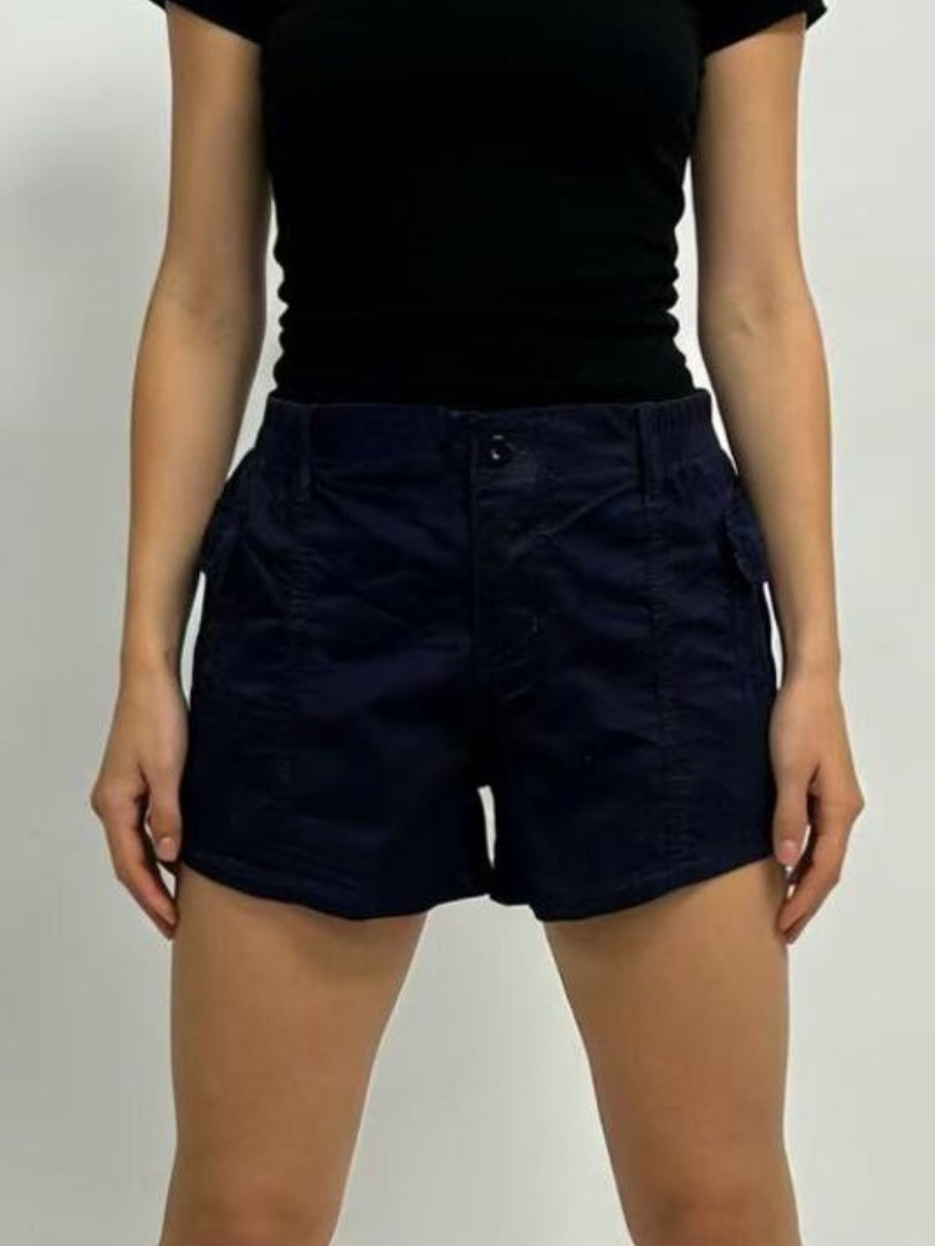 Navy cargo shorts with button fly and side pockets