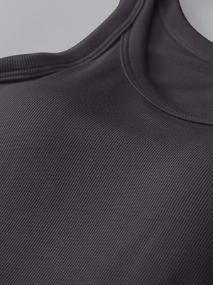 Dark gray ribbed knit tank top with built-in bra detail and scoop neckline.