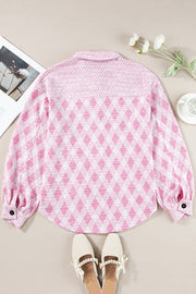 Pink diamond weave shacket with puff sleeves and buttoned cuffs