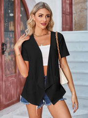 Black perforated shawl collar jacket with short sleeves and pockets.
