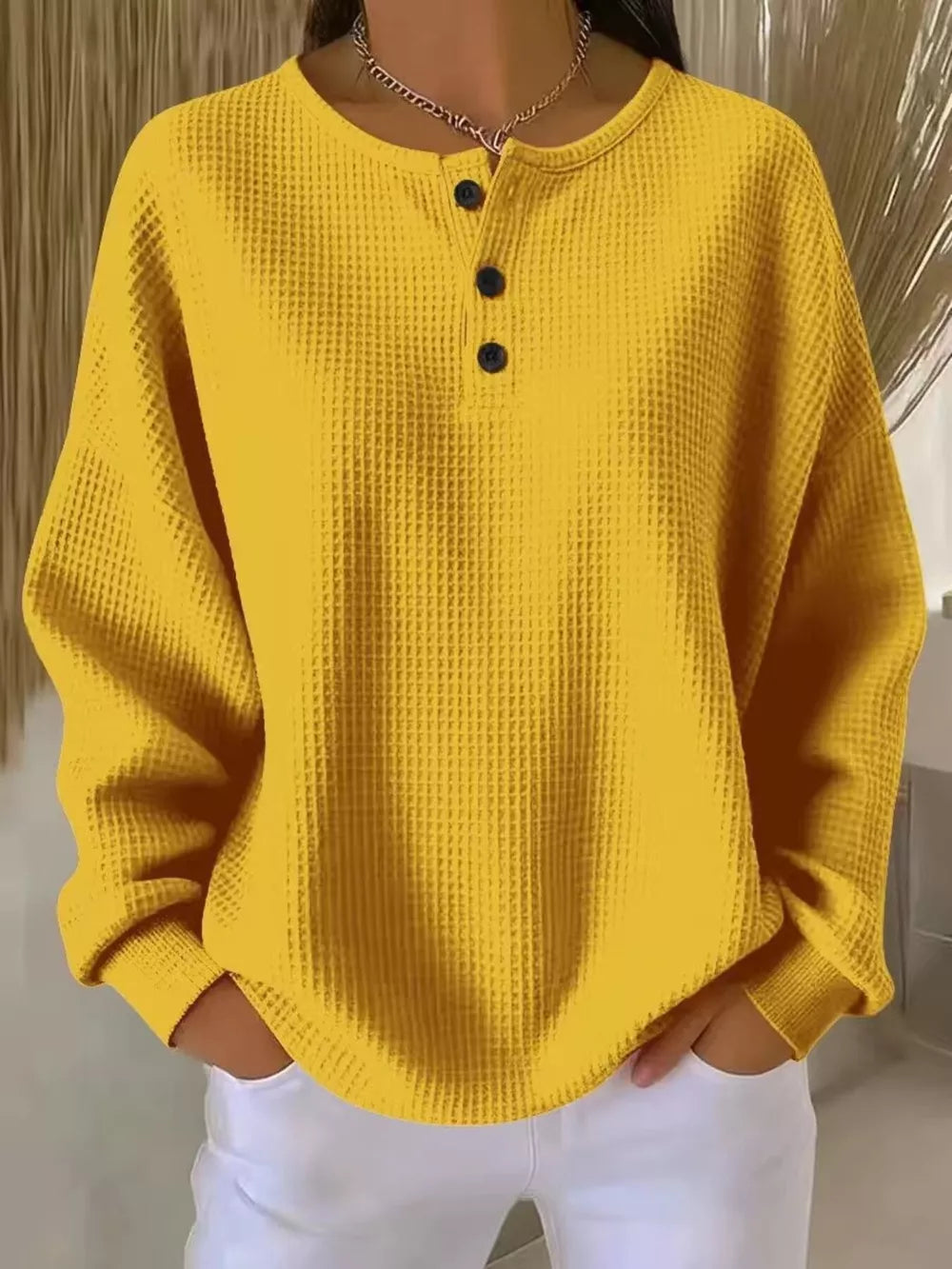 Full Size Waffle Knit Button Detail Top Plus Size in Orange, product detail