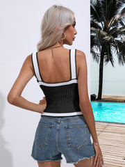 Black knit tank top with white contrast trim and square neckline.