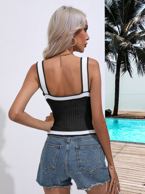Black knit tank top with white contrast trim and square neckline.