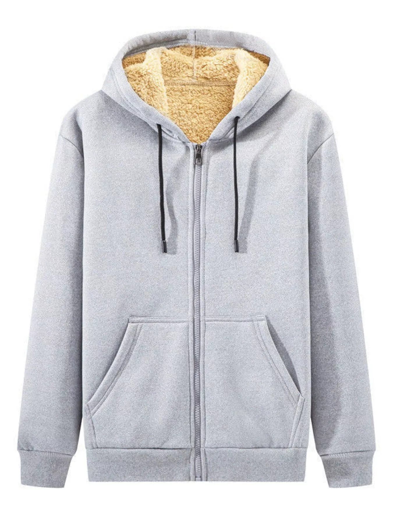 Plus-size gray sherpa lined zip up hoodie with drawstring hood and front pockets.