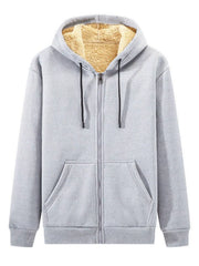 Plus-size gray sherpa lined zip up hoodie with drawstring hood and front pockets.