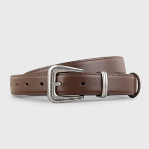 Brown cowhide leather belt with ornate silver buckle and adjustable strap.