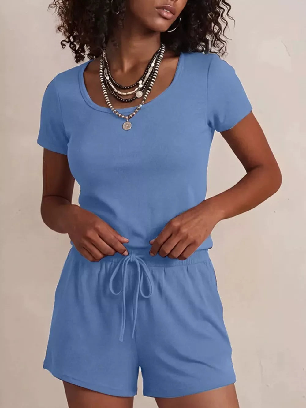 Blue scoop-neck tee and drawstring shorts pajama set