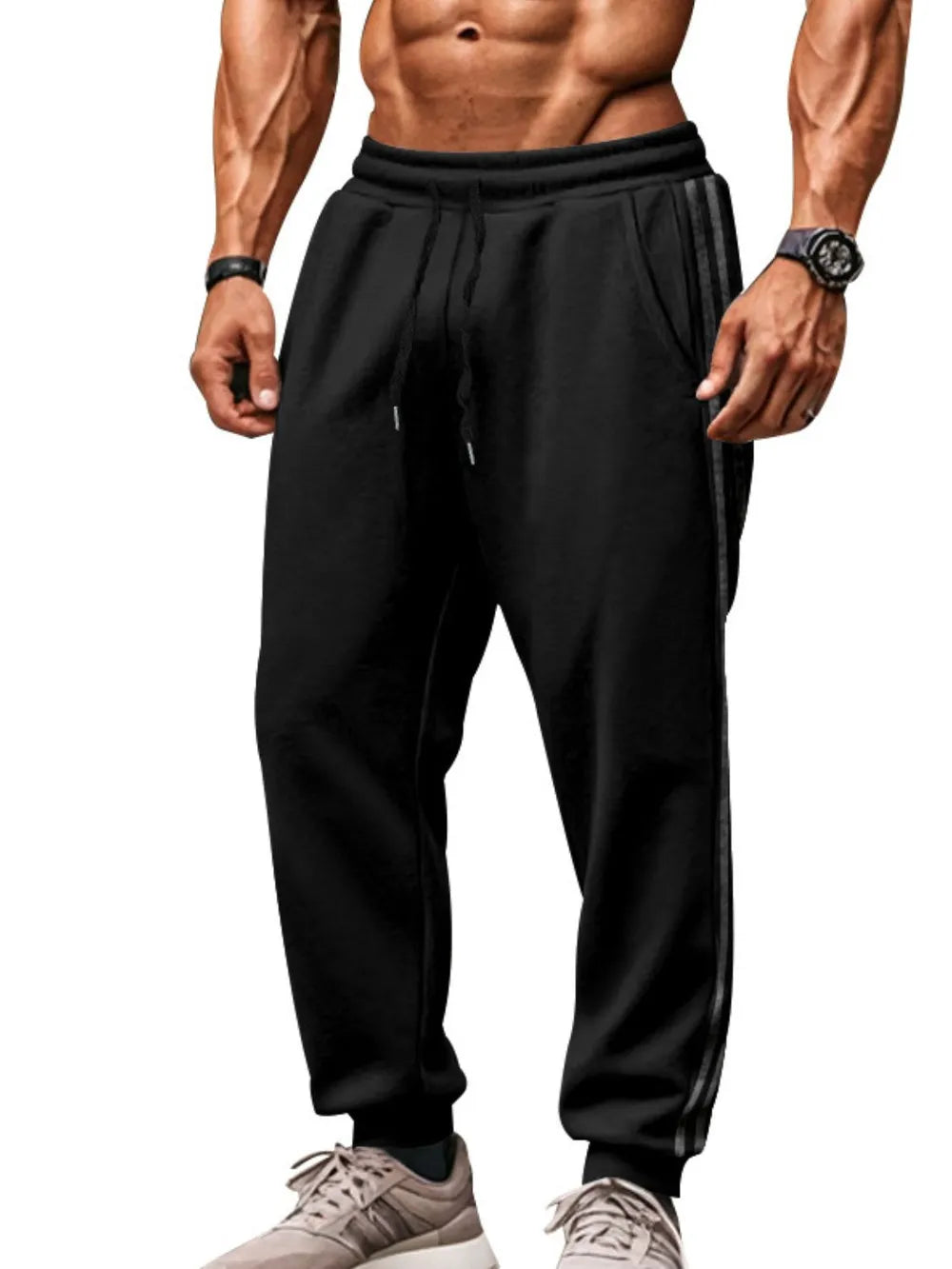 Black athletic joggers with double stripe detail on the side.